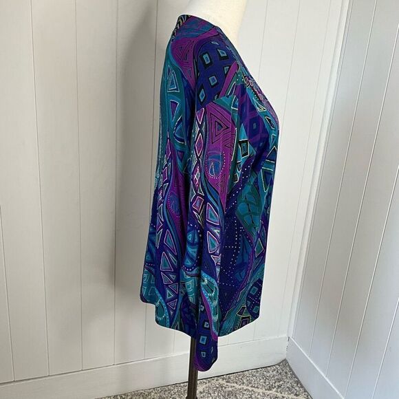 A Touch of Class Clothing Womens S/M Open Front Cardigan Blue Purple Geo Print - Picture 4 of 11